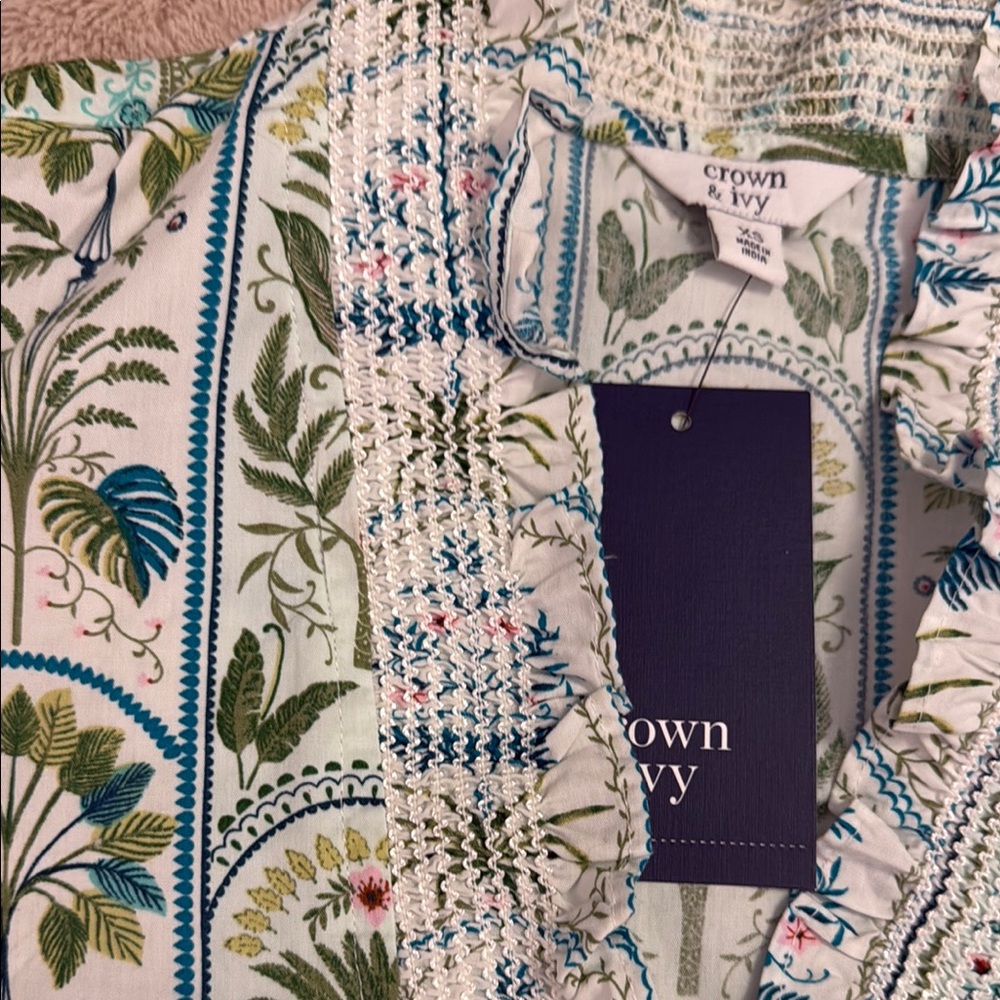 Crown & Ivy : Floral Patterned Blouse with Ruffled Neckline - Picture 2 of 7